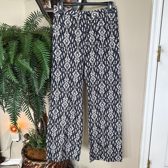 Zara Ava Pants Navy Cream Graphic Print Tribal Pattern Button Fly Boho Trousers - Picture 6 of 13